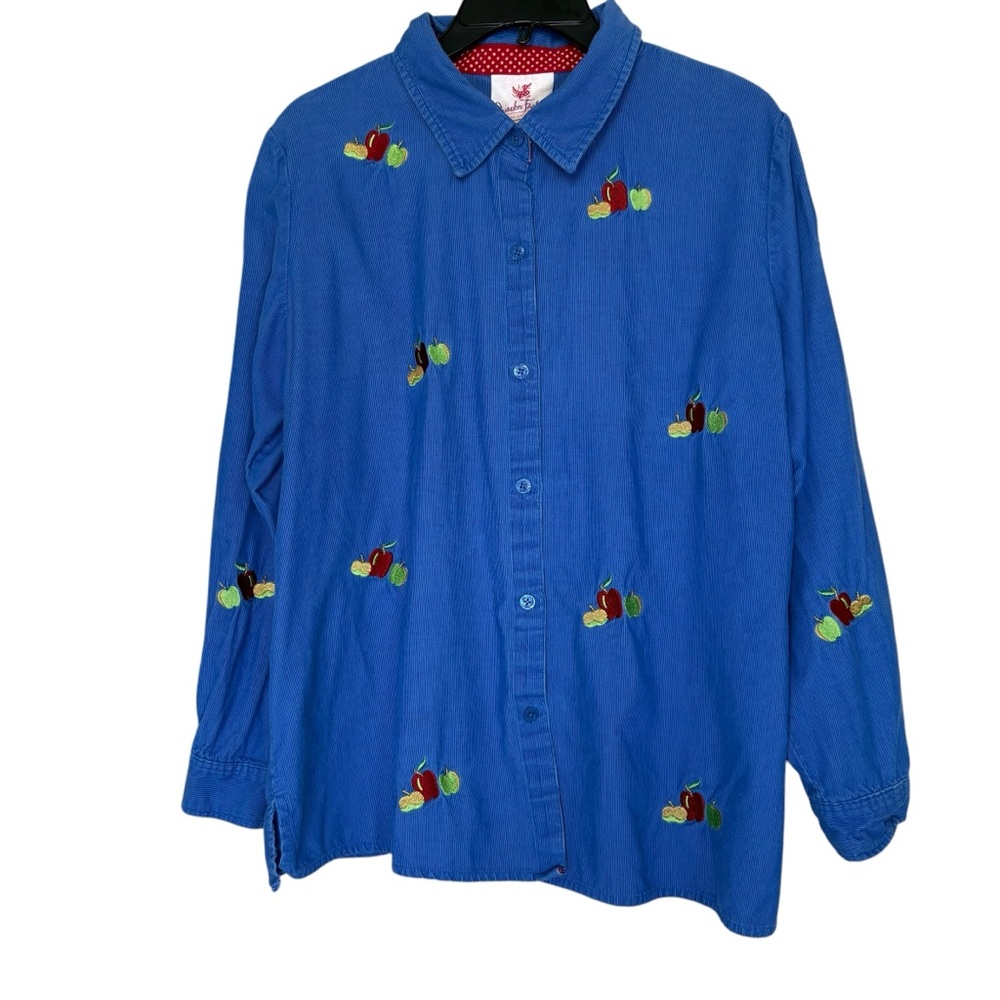 QUACKER Factory Women’s Sz L Blue Corduroy Embroidered Apples Teacher Shirt